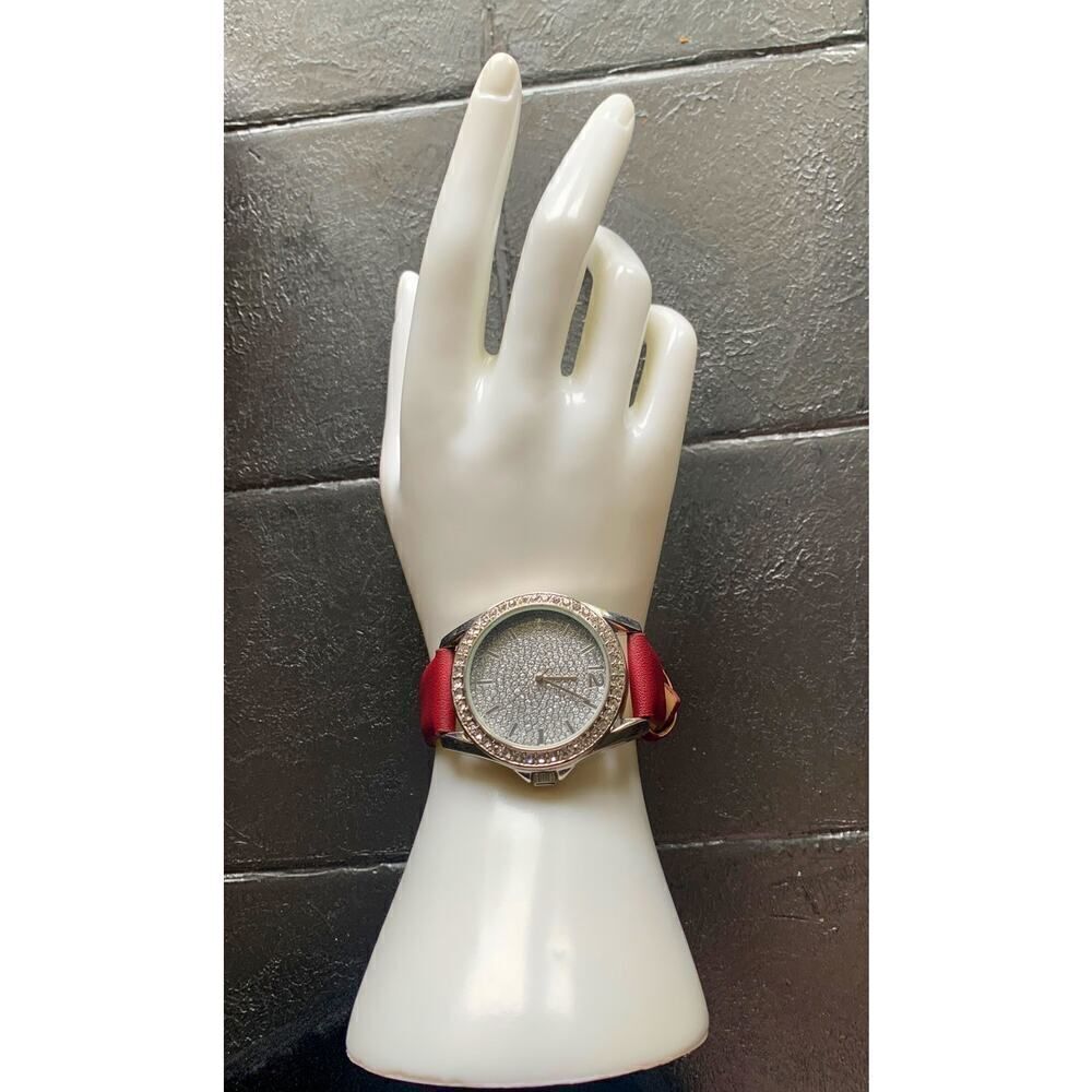 Folio Burgundy Pave Dial Vegan Leather Watch, Stamped, AS IS Condition